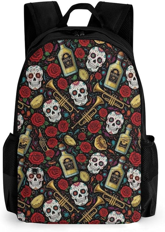 Lightweight Rucksacks for Camping Picnic Walking Cycling, Large Capacity Multipurpose Anti-Theft Carry On Bag, Vintage Day Of Dead Sugar Skulls Rose Flowers Cactus Travel Hiking Camping Rucksack