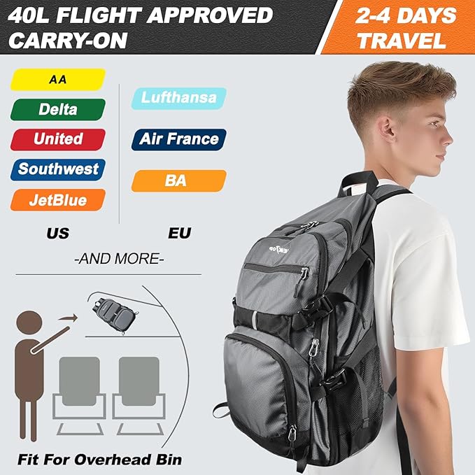 Seektop Lightweight Travel Backpack for Men Women, Multiple Pockets 40L Hiking Backpack Foldable Carry on Backpack (Gray)
