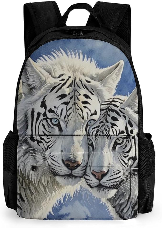 Supdreamc Rucksack Multipurpose Anti-Theft Big Capacity Shoulder Bag, White Tiger Love Travel Hiking Camping Rucksack With Side Pockets