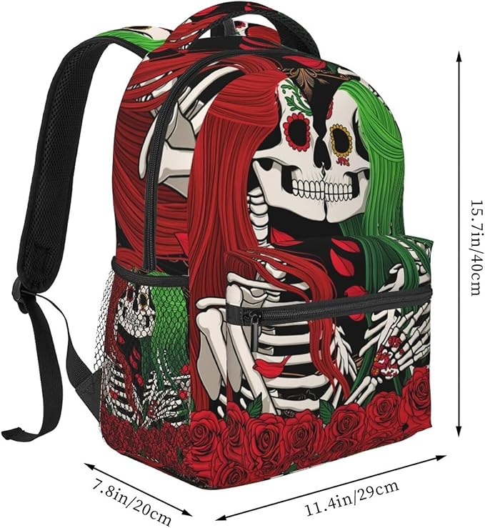 Men Women Polyester Skull Red And Green Hair Art Daypack Big Capacity Shoulder Bag With Smooth Zippers for Hiking Work Walking Cycling