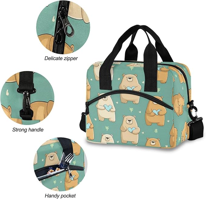 ALAZA Bear Heart Pattern Lunch Box for Men Women Adults Insulated Lunch Bag Cooler Bag with Adjustable Shoulder Strap for Work Picnic Travel
