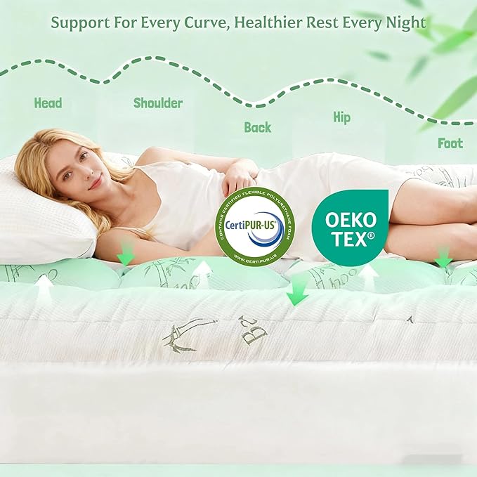 Bamboo Mattress Topper Twin XL Size with Deep Pocket 1700 GSM Cooling Shredded Memory Foam Mattress Pad Rayon Derived from Bamboo, Ideal for Side Sleepers, Back Pain, Hot Sleepers