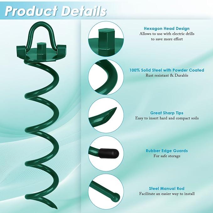 FEED GARDEN 12.2 Inch Spiral Ground Anchors Heavy Duty Screw in Spiral Stakes 4 Pack Folding Ring Ground Stakes for Securing Dogs,Tents, Trampolines, Canopies, Swing Sets,Green