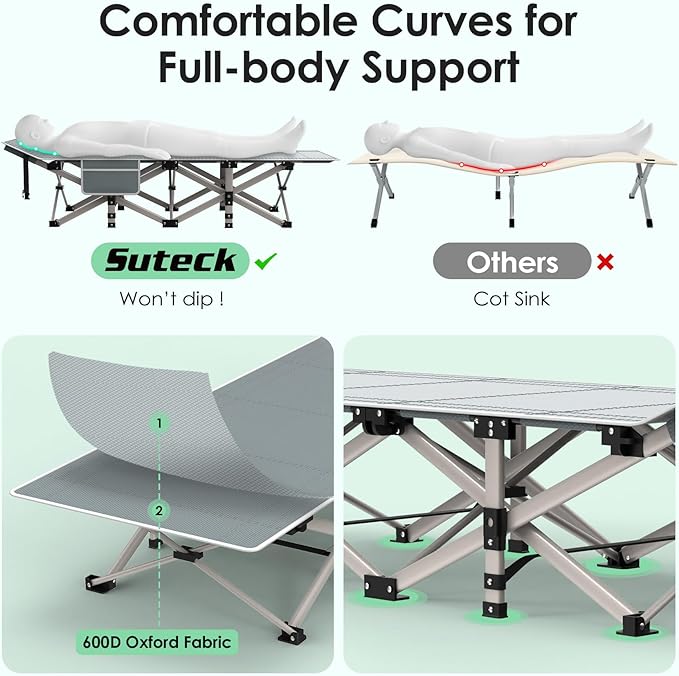 Suteck Camping Cot, Folding Camping Cot Bed for Adults Sleeping 1200D Double Layer Oxford Portable Folding Outdoor Cots for Camping W/Soft Pad Carry Bag for Home Office Nap Beach Travel, 500LBS,Grey