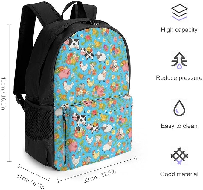 Polyester Daypack for Camping Travel Walking Cycling, Big Capacity Anti-Theft Multipurpose Bookbag, Farm Animals Cow Sheep Goat Chick Floral Camping Outdoor Backpack