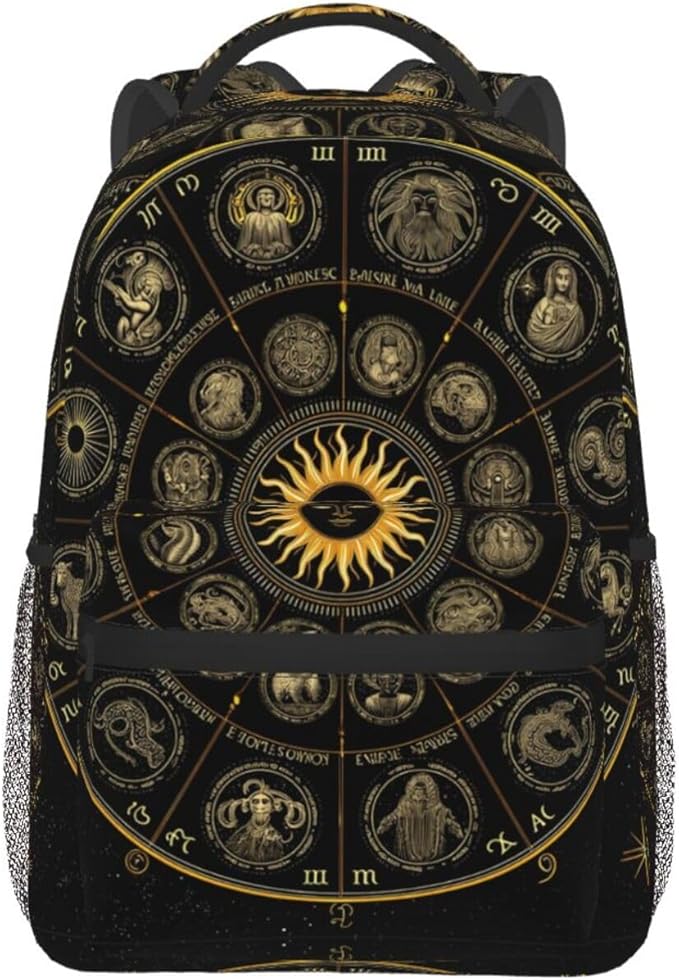 Women Men Polyester Zodiac Symbol Art Casual Daypack Large Capacity Bookbag With Side Pockets for Sports Picnic Walking Cycling