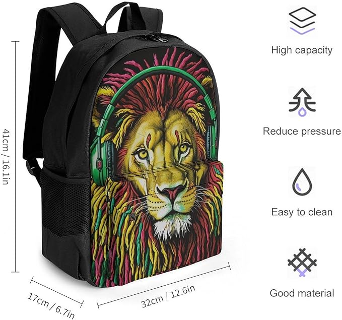 Polyester Daypack Backpack for Trekking Picnic Walking Cycling, Large Capacity Anti-Theft Multipurpose Shoulder Bag, Rastafarian Lion Rock And Roll Casual Daypack