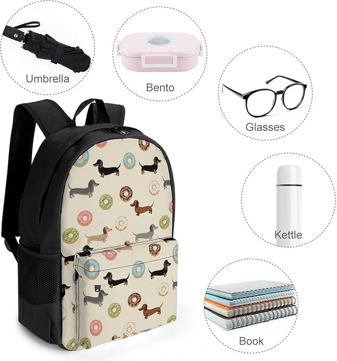 Polyester Daypack Bookbag for Gym Business Bicycle, Large Capacity Multipurpose Anti-Theft Carry On Bag, Dachshund Dog Donuts Cute Doxie Travel Hiking Daypack