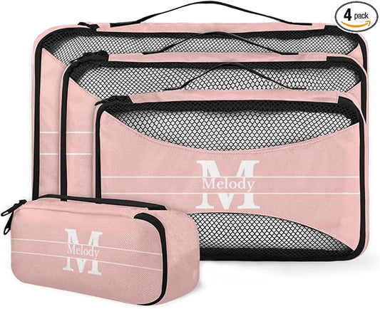 Custom Packing Cubes with Name, 4Pcs/Set Travel Luggage Packing Organizers Set for Women, Pale Pink Background with Initial Letter