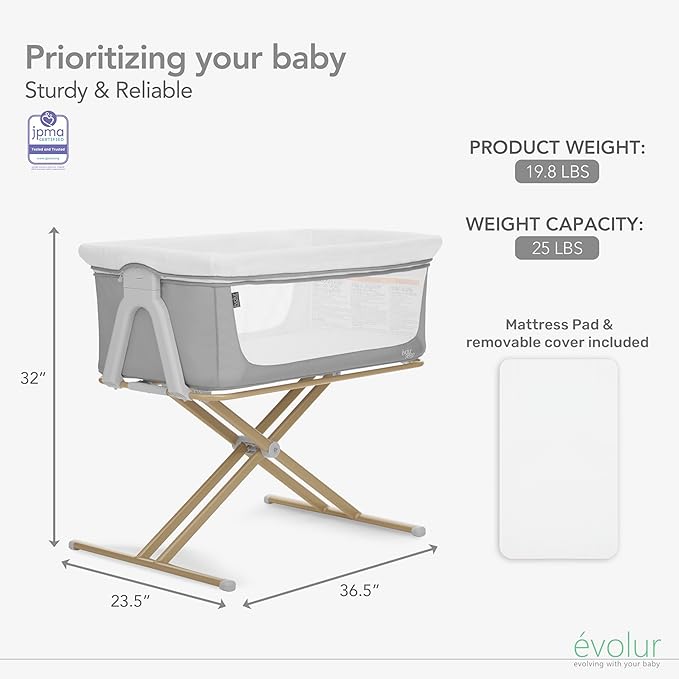 Evolur Orabelle Baby Bassinet & Bedside Sleeper, Breathable Mesh Sides, Plush Mattress Pad with Removable Cover, Tool-Free Assembly, Quick Foldable Steel Frame Compact Design with Travel Bag – Grey