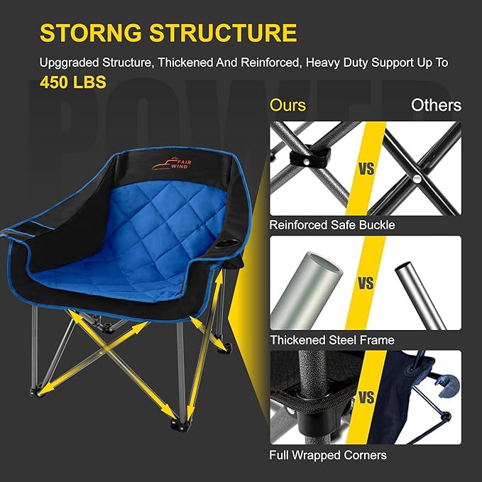 FAIR WIND 2 Pack Oversized Padded Camping Chair Heavy Duty Quad Fold Arm Chair Portable for Outdoor - Support 450LBS, Blue