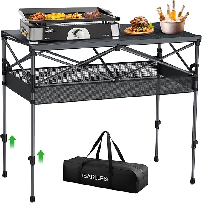 GARLLEN Folding Table for Camping, 2 Adjustable Height Portable Roll-up Picnic Table with Storage Net, Lightweight Aluminum Outdoor Table with Carrying Bag for Camping, BBQ, Beach, 39"L x 20"W