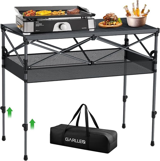 GARLLEN Folding Table for Camping, 2 Adjustable Height Portable Roll-up Picnic Table with Storage Net, Lightweight Aluminum Outdoor Table with Carrying Bag for Camping, BBQ, Beach, 39"L x 20"W