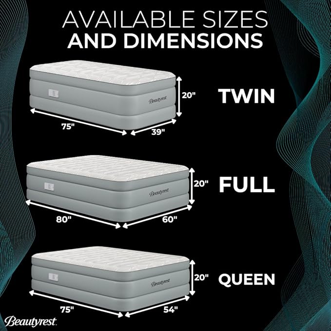 Beautyrest Luxaire, Queen Size Luxury Air Mattress, 20 Inch Height with Cool Vent Top, Smart Auto Shut-Off Pump, Puncture Resistant Ever Firm Fabric with Edge Support