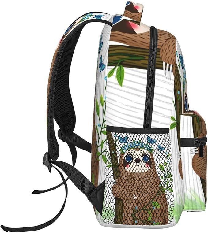 Polyester Daypack for Hiking Work Running, Big Capacity Anti-Theft Multipurpose Shoulder Bag, Cute Sloth Blue Flowers Art Travel and Sport Backpack Rucksack