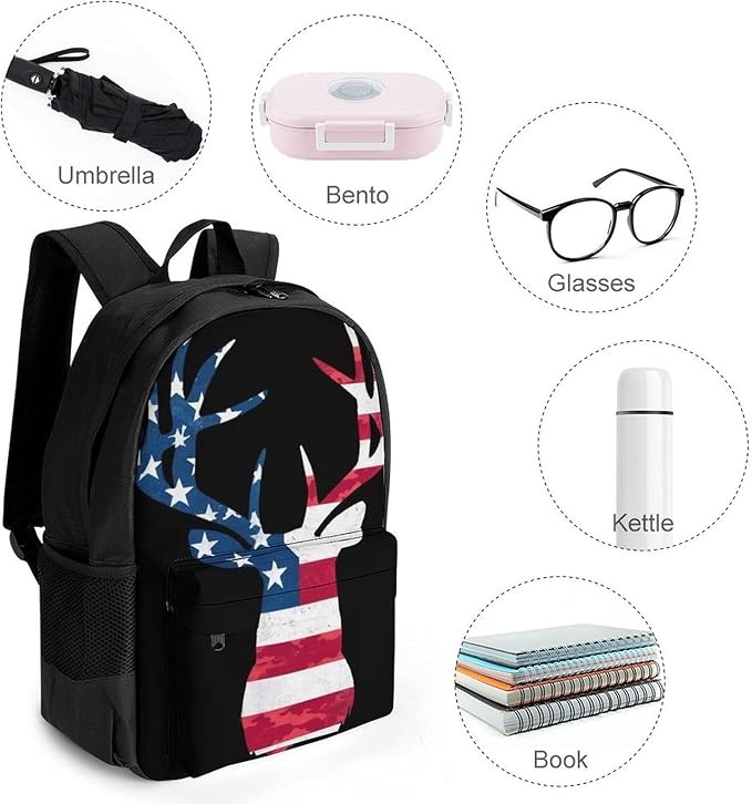 Supdreamc Polyester Daypack Backpack for Climbing Outdoors Running, Big Capacity Multipurpose Anti-Theft Bookbag, Camo Deer Hunting Camouflage Usa Flag Travel Hiking Camping Rucksack