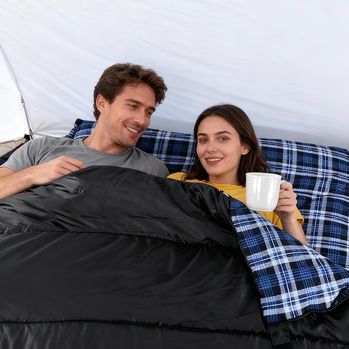 Double Sleeping Bag Cotton Flannel for Camping, Backpacking Or Hiking. Waterproof Queen Size Two Person Sleeping Bags for Adults Or Teens. Lightweight with Compression Sack
