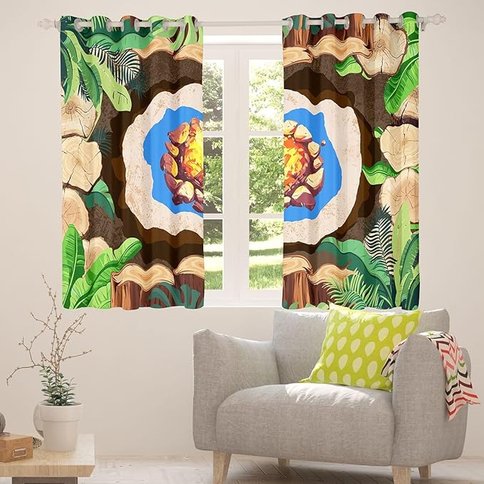 Camper Adventure Kids Blackout Curtains,Bonfire Campfire Camp Adventue Nursery Bedroom Playroom Decor,Palm Leaf Tropical Plant Rustic Window Drapes,Brown 2 Panels,52Wx63L inch