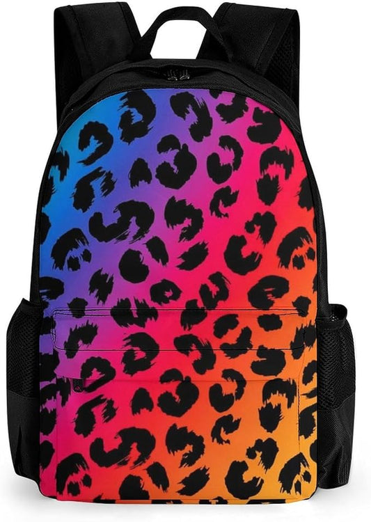 Polyester Daypack Backpack for Climbing Outdoors Running, Big Capacity Multipurpose Anti-Theft Bookbag, Colorful Rainbow Cheetah Leopard Print Travel Hiking Camping Rucksack