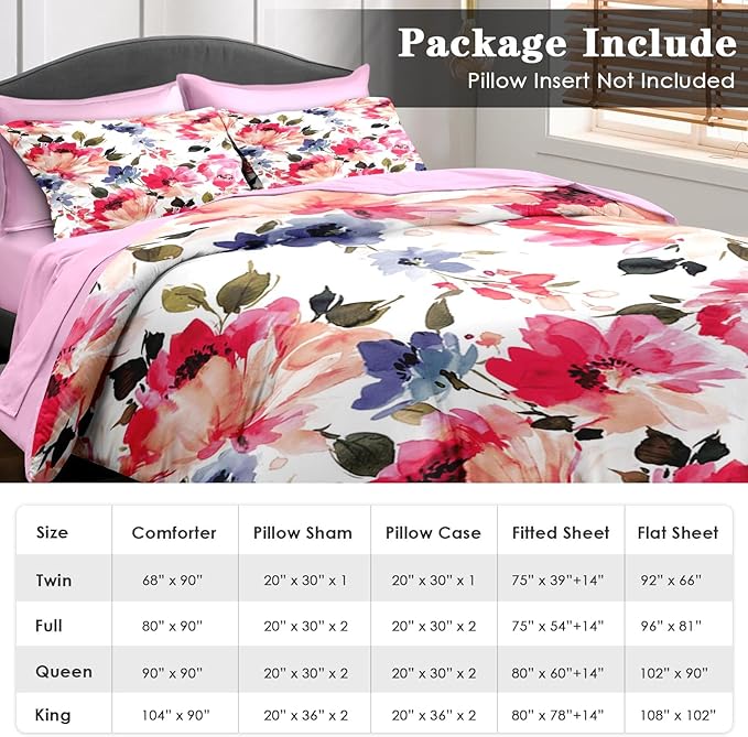 Comforter Set Full Size, Flower Floral Leaf 7 Pcs Bedding for Kids and Adults, Painting Summer Spring Bed Sheet Sets with Fitted Sheet 2 Pillowcases & 2 Shams for Bedroom Bed Decor