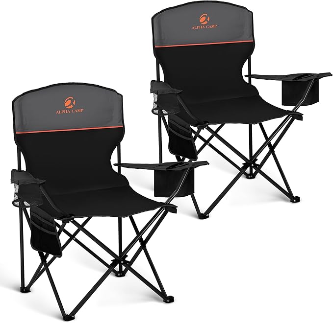 ALPHA CAMP Camping Chair 2 Pack Portable Chair with 3-Can Cooler Folding Chair with Side Pocket and Cup Holder, Collapsible for Camping, Tailgates, Beach, Fishing and Sports,2PC