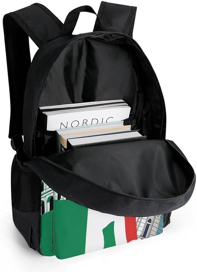 Polyester Daypack Backpack for Climbing Outdoors Running, Big Capacity Multipurpose Anti-Theft Bookbag, Pisa Tower Italian Flag Travel Hiking Camping Rucksack