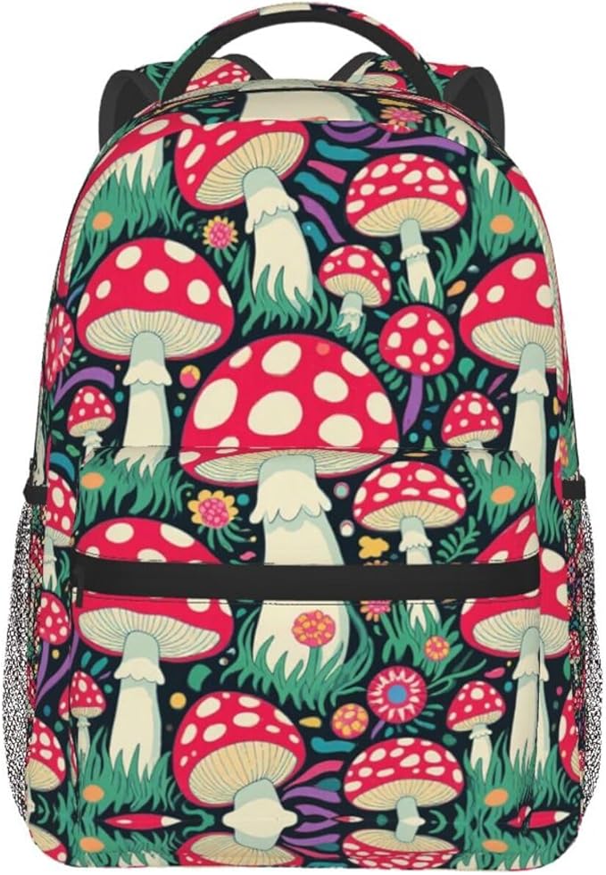 Men Women Polyester Trippy Mushroom Art Daypack Bookbag Big Capacity Shoulder Bag With Padded Straps for Climbing Travel Walking Cycling