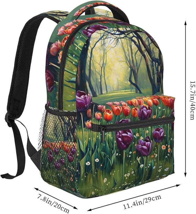 Adults Lightweight Colorful Sea Of Tulips Art Rucksacks Large Capacity Bookbag With Adjustable Shoulder Straps for Trekking Outdoors Bicycle