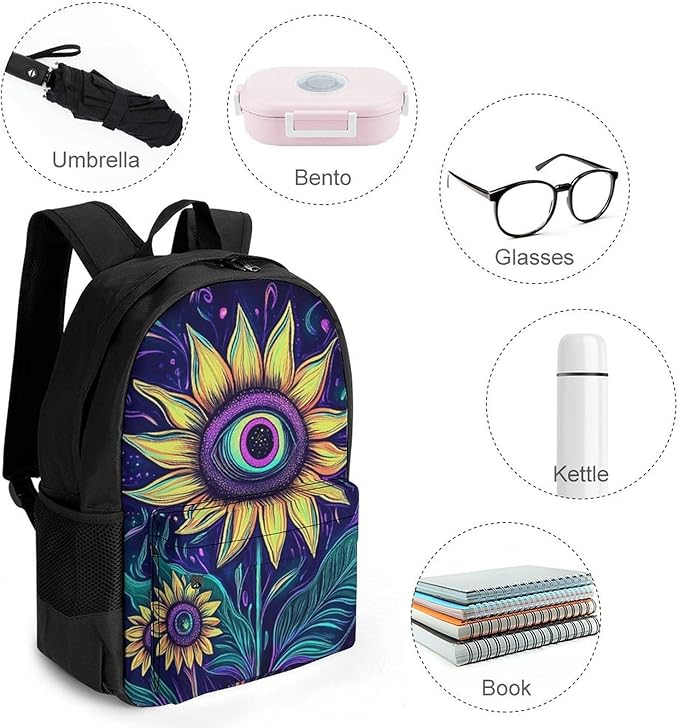 Men Women Polyester Trippy Eyes Flower Sunflower Daypack Big Capacity Shoulder Bag With Smooth Zippers for Hiking Work Walking Cycling
