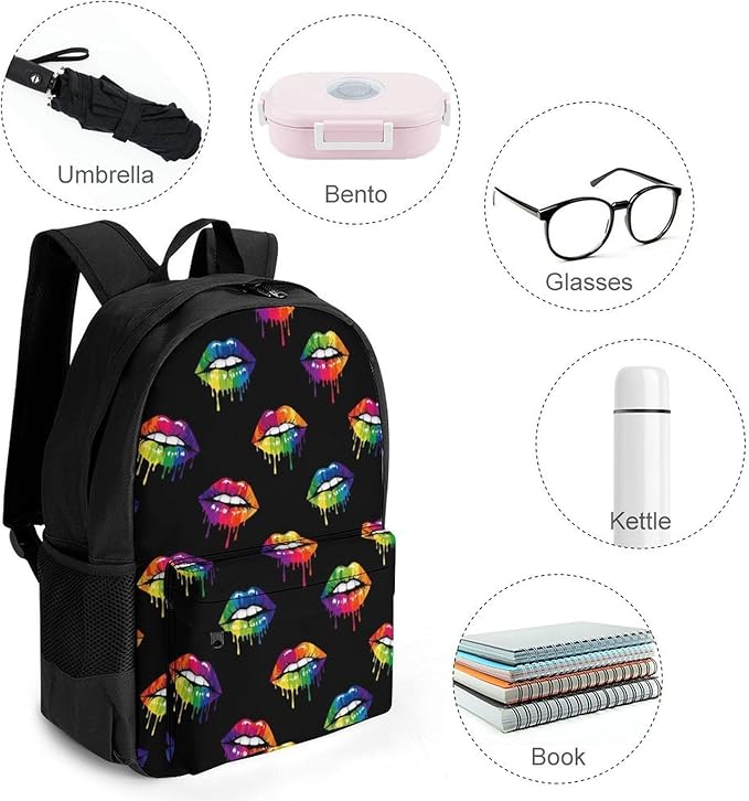 Polyester Daypack Backpack for Climbing Outdoors Running, Big Capacity Multipurpose Anti-Theft Bookbag, Lgbt Gay Homosexual Lesbian Rainbow Lips Pride Travel Hiking Camping Rucksack