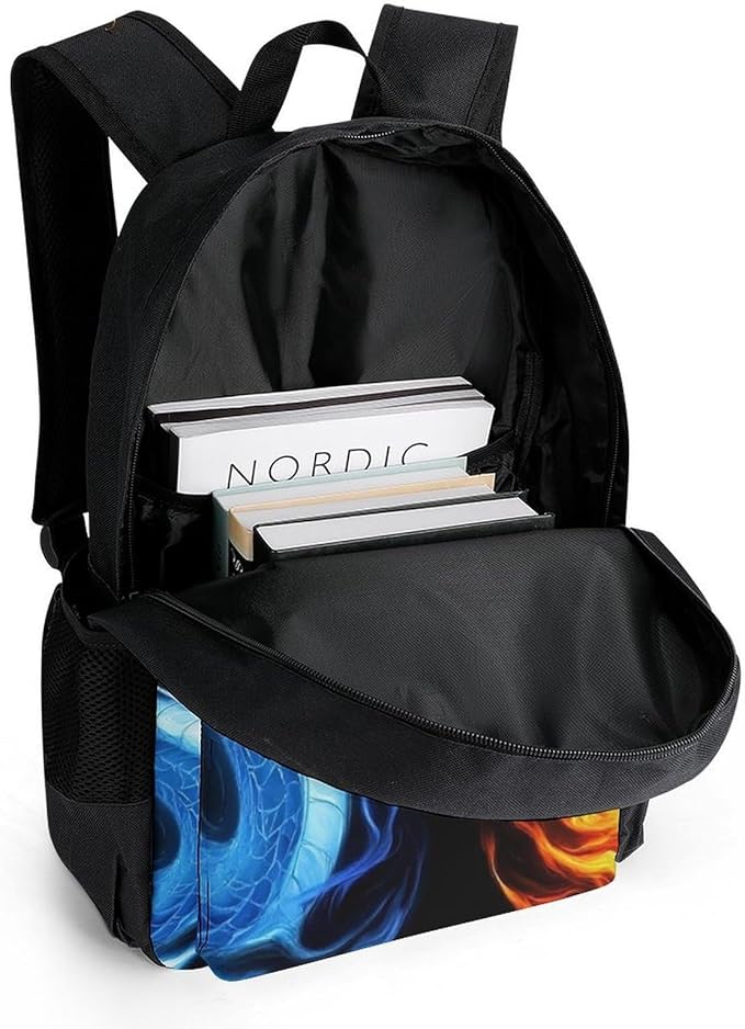 Men Women Polyester Ice Blue And Red Fire Flame Dragon Daypack Big Capacity Shoulder Bag With Smooth Zippers for Hiking Work Walking Cycling