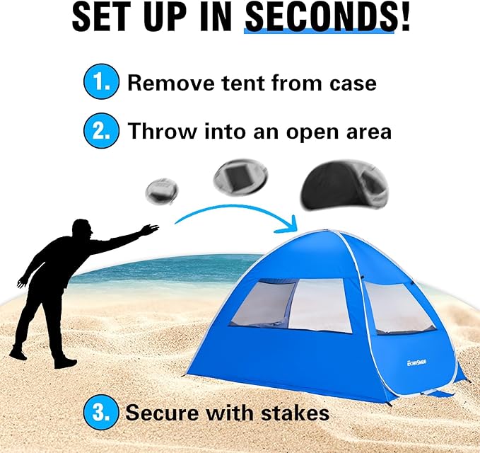 EchoSmile Pop Up Beach Tent for 4 Person Family, UPF 50+ Sun Shelter & Waterproof Beach Shade for Kids, Automatic Easy Setup Portable Cabana for Outdoor Travel （Dark Blue）