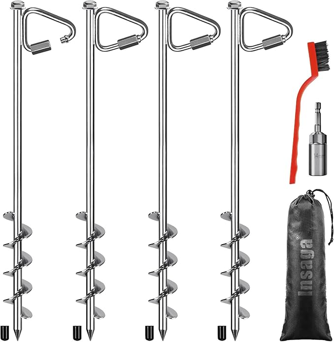 17" Ground Anchors with Chrome-Plated, Heavy-Duty for Trampolines, Tents, Mobile Homes, Swing Sets, Carports and Sheds with Reinforced Triangular Bracket for High Wind Resistance (4 Pack)