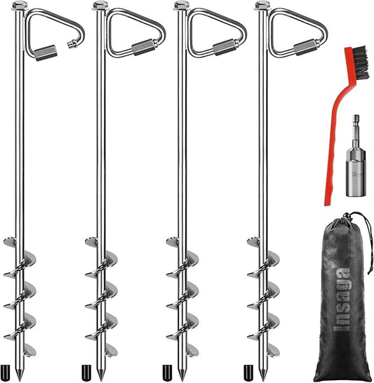 17" Ground Anchors with Chrome-Plated, Heavy-Duty for Trampolines, Tents, Mobile Homes, Swing Sets, Carports and Sheds with Reinforced Triangular Bracket for High Wind Resistance (4 Pack)