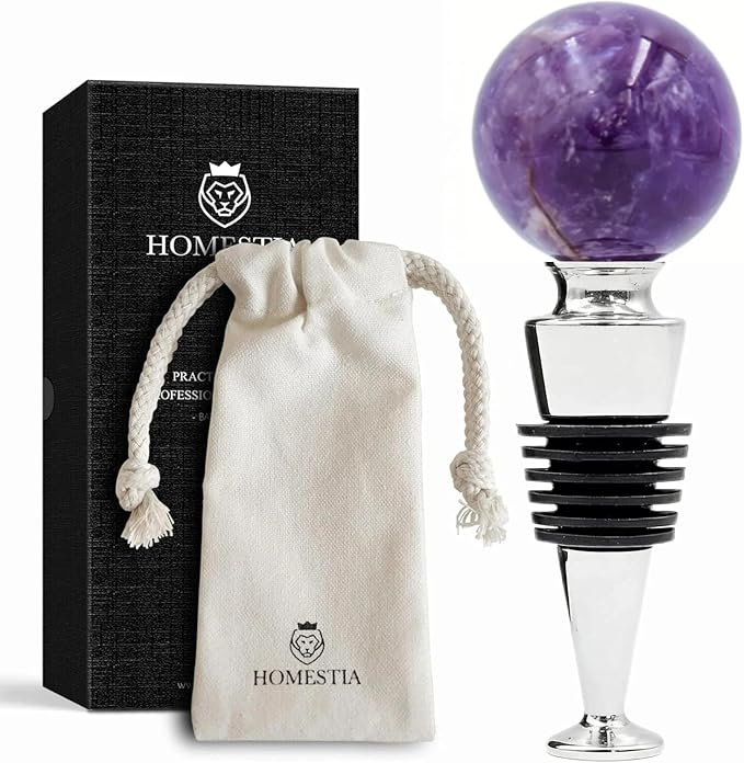 Homestia Gemstone Wine Stopper, Purple Natural Crystal Wine Bottle Stopper with Food-Grade Silicone Seal, Leak-Proof Reusable Wine Saver for Freshness, Wedding & Party Gift