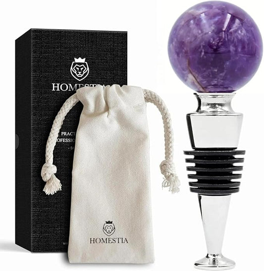 Homestia Gemstone Wine Stopper, Purple Natural Crystal Wine Bottle Stopper with Food-Grade Silicone Seal, Leak-Proof Reusable Wine Saver for Freshness, Wedding & Party Gift