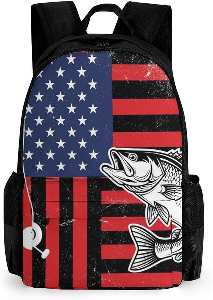 Shoulder Book Bags Polyester Multipurpose Anti-Theft American Bass Fishing Lure Flag Red Carry On Bag Large Capacity Travel Hiking Camping Rucksack