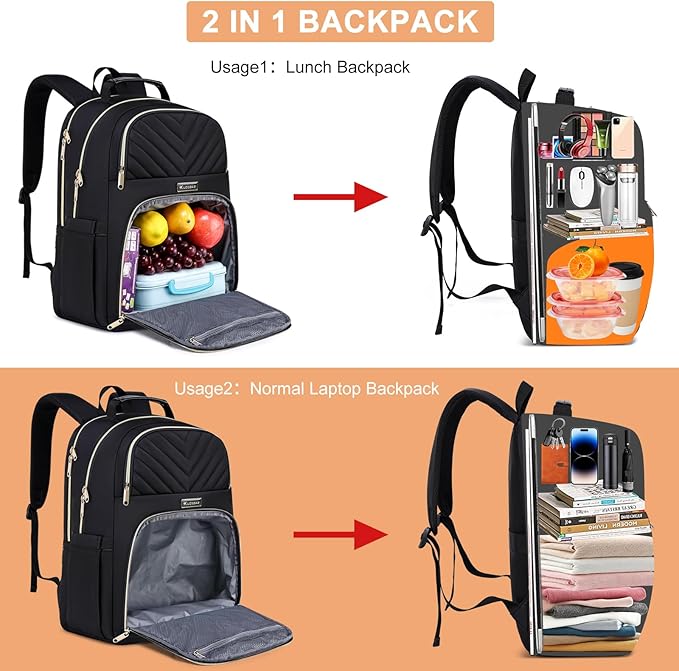 Lunch Backpack for Women, Water Resistant Insulated Cooler Lunch Bag, 15.6 inch Laptop Backpacks with USB Port, Picnic Backpack with Lunch Box for College Work Camping Beaches, Black