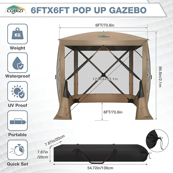 COBIZI Pop Up Gazebo Screen Tent Screen House for Camping, 6FTx6FT Screen Room with Mosquito Netting, Hub Tent Instant Screened Canopy with Carrying Bag and Ground Stakes, Khaki
