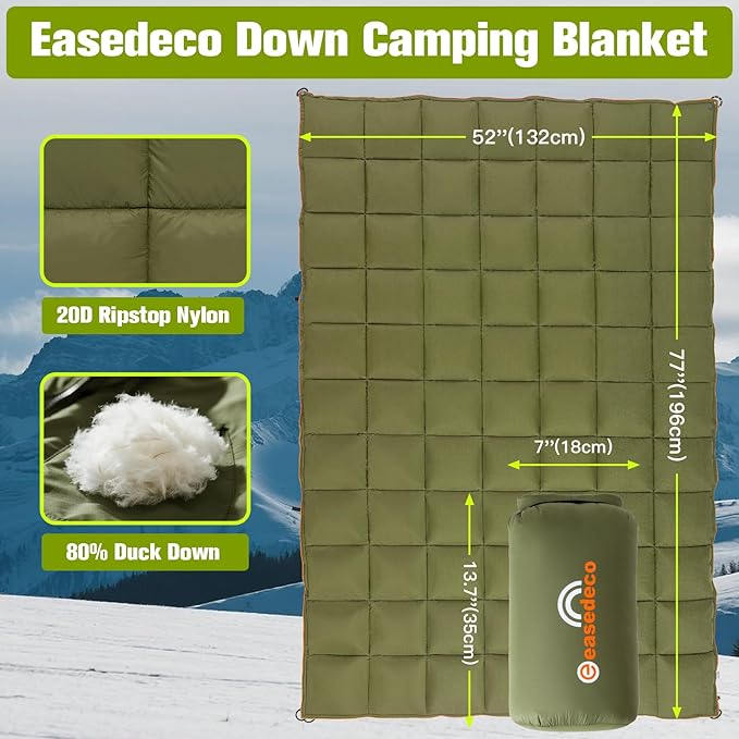 Down Camping Blanket - Lightweight Packable Warm Puffy Travel Quilt with Footbox, Waterproof Outdoor Blankets for Hiking, Travel, Hammock & Stadium Down Quilt, Olive, 1lb 1oz / 77''*52''
