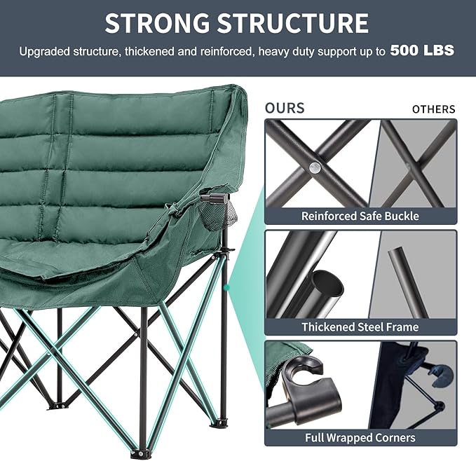 DoCred Double Camping Chair - Oversized Loveseat, 2 Person Camping Chair for Adults Heavy Duty,Two Person Folding Chair with Cup Holder, Supports up to 500 LBS for Outside Picnic Beach Travel