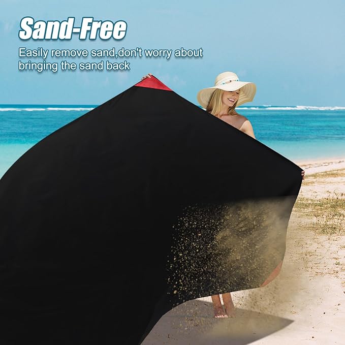 Odoland Pocket Blanket Picnic Blanket, 71" x 63" SandProof Waterproof Outdoor Beach Blanket with Portable Bag, Foldable Lightweight Sand Free Quick Drying Beach Mat for Hiking Camping Travel, Black