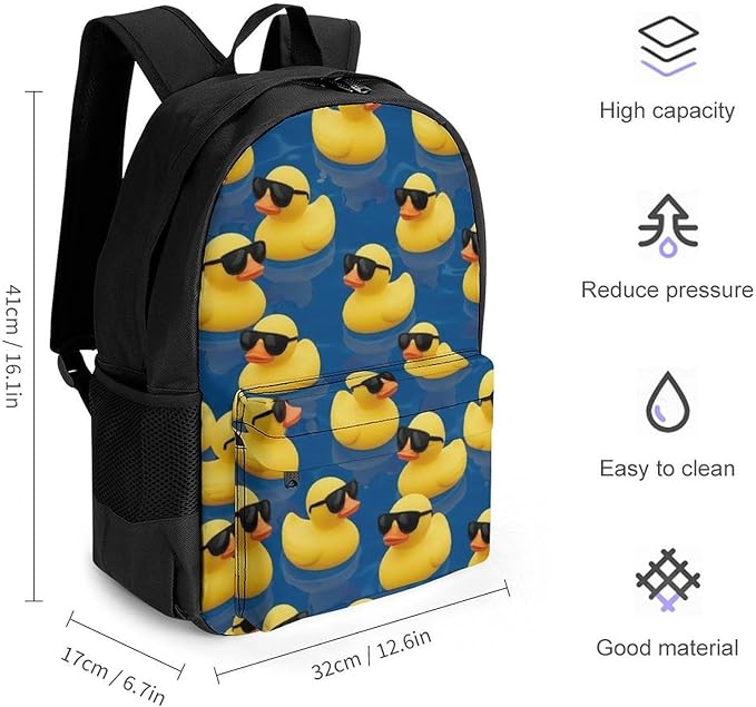Men Women Polyester Funny Sunglasses Rubber Duck Painting Daypack Bookbag Big Capacity Shoulder Bag With Padded Straps for Climbing Travel Walking Cycling