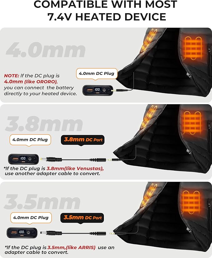 Heated Vest Battery Pack 7.4V 16000mAh Compatible with ORORO and Venustas, Battery Pack for Heated Vest with LED Display, Rechargeable Power Bank with DC/USB/Type-C Output for Heated Jackets
