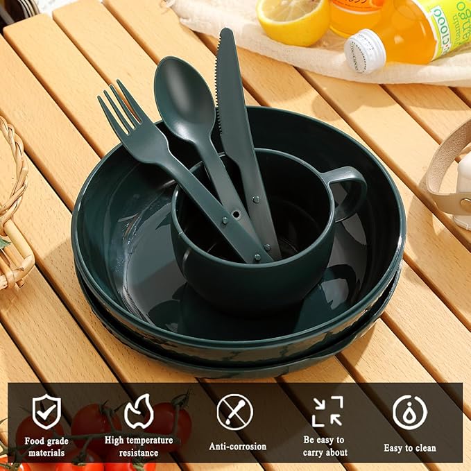 Berglander Camping Mess Kit with Bowl, Plate, Cup, Spoon, Fork, Knife and Carry Bag, Plastic Camping Accessories Essentials Gear for Travel, Camping, Picnic, Outdoor, Easy to Carry & Store