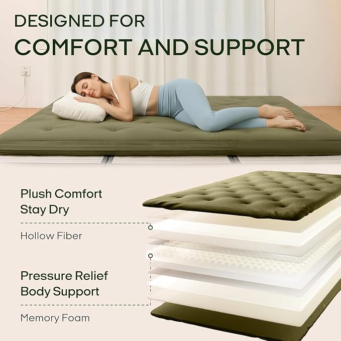 ZonLi Japanese Floor Futon Mattress Queen Size 80"x 60", 100% Cotton Cover 4'' Thicken Tatami Mattress, Foldable Sleeping Pad, Portable Dormitory Tatami Mat, Roll Up Floor Lounger Bed for Adult