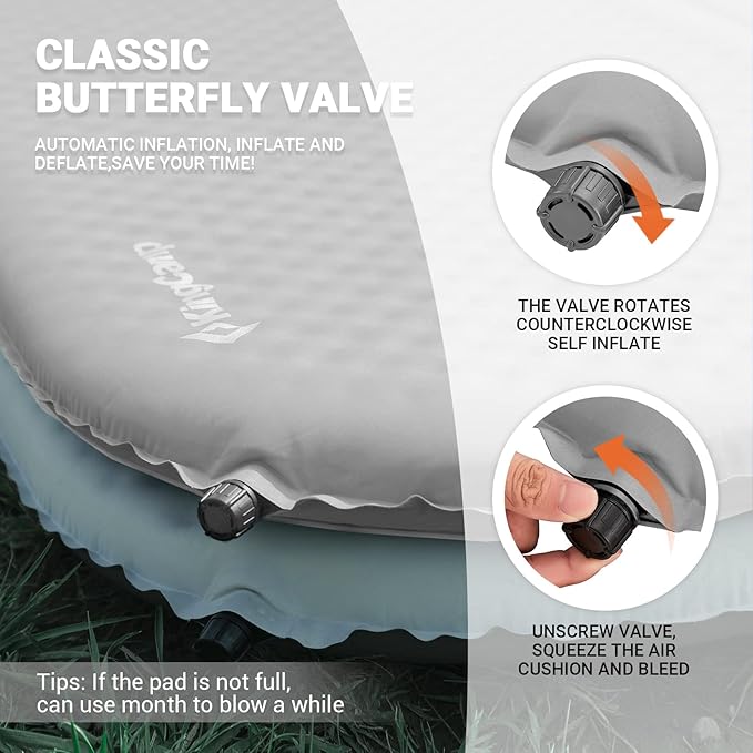 KingCamp Sleeping Pad for Camping Double Size Self Inflating Camping Mattress 11 R-Value Foam Pads 3" Thick 2 People Outdoor Pad Light Grey