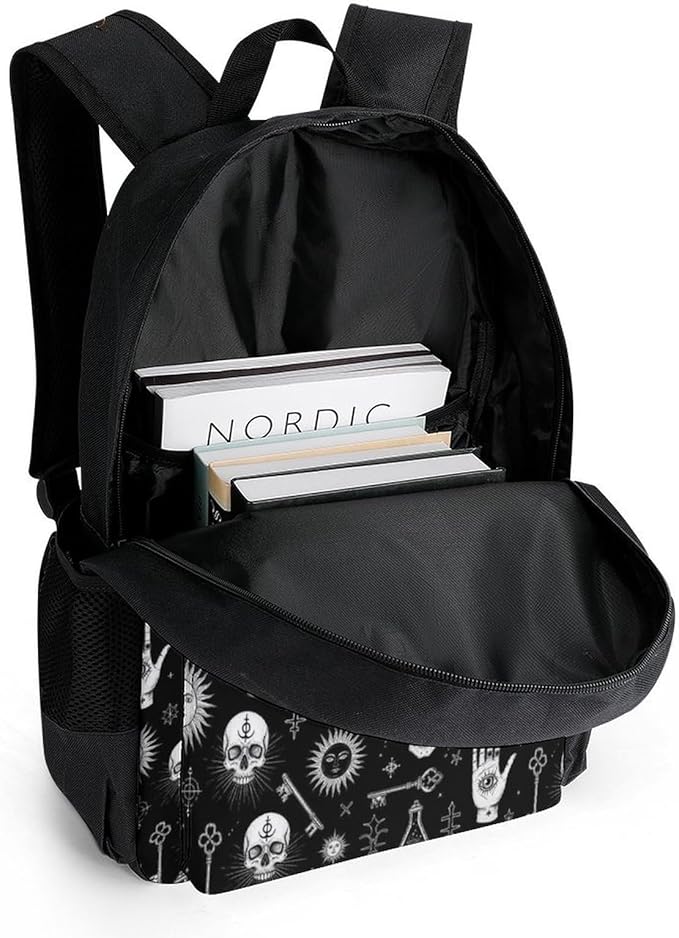 Adults Lightweight Halloween Goth Gothic Raven Crow Skull Sun Moon Tattoos Rucksacks Large Capacity Bookbag With Adjustable Shoulder Straps for Trekking Outdoors Bicycle