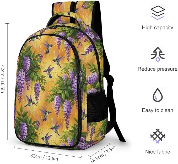 Personalized Business Backpack Purple Flowers And Hummingbird, Large Capacity Laptop Backpack with Organized Compartments for Work