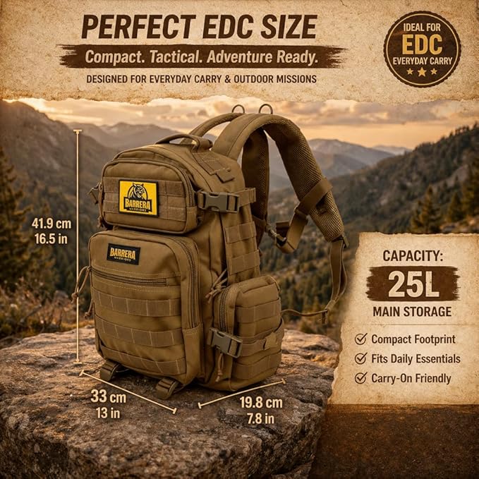 Tactical Backpack 25L Military MOLLE Assault Pack – Waterproof EDC Backpack for Hiking, Camping, Travel & Survival Gear, Bug Out Bag (Coyote Brown/Military Tan)
